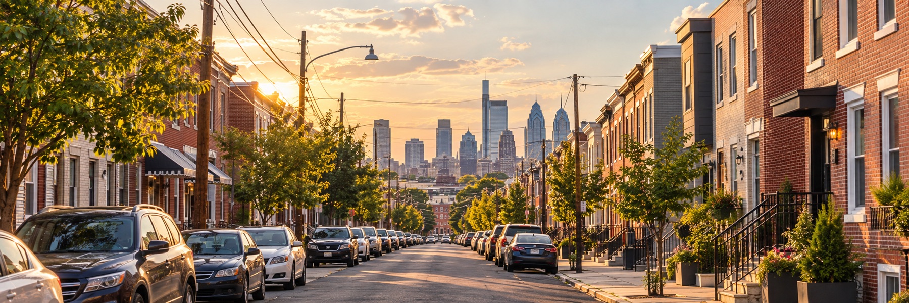 A South Philadelphia rowhome street at sunset, looking north toward the Center City skyline